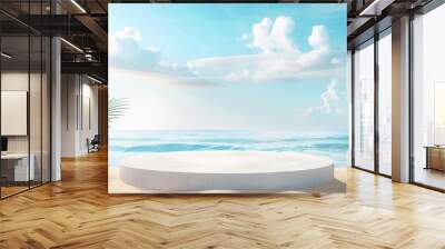 Elegant beach scene with a round platform by the sea under a bright blue sky with clouds, perfect for product display or promotional use. Wall mural