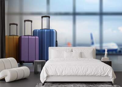 luggage stands at the airport terminal, with an airplane visible through the large windows in the background, symbolizing travel. Wall mural