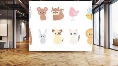 cute cartoon animals little characters owl mouse squirrel deer bird bee bear cat dog lion Wall mural