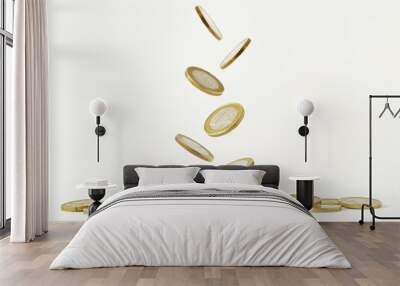 Falling euro coins on white background Wall mural