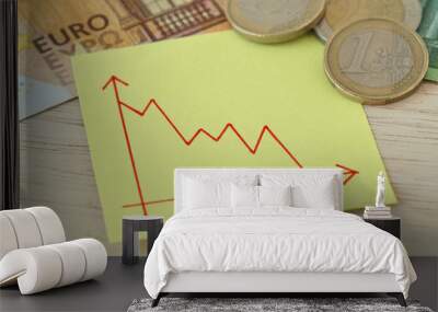 Graphic with descending line on paper note, euro coins and banknotes - Concept of lost money value Wall mural