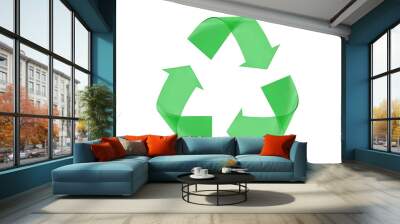 Recyclig symbol made of green plastic on white background Wall mural