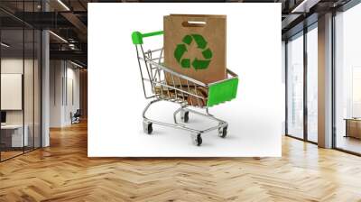 Shopping cart with paper shopping bag with recycle symbol on white background - Ecology concept Wall mural