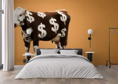 A funny animal image of a brown cow with white dollar sign markings on fur. Cash cow concept of investment, income and business profits. Wall mural