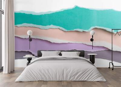 A texture element of torn paper of different colors. Background of pastel layered ripped cardboard.  Wall mural