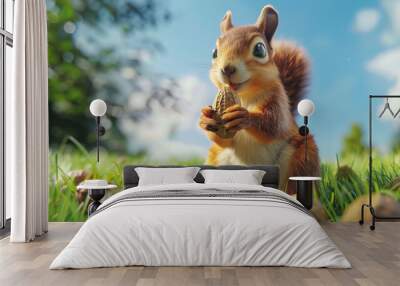 A cute squirrel holding peanut on the grass  Wall mural