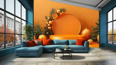 Empty podium for displaying product with Christmas and new year decoration in orange color. Christmas and new year themed with trees and orange ball. Elegant and simple podium. Wall mural