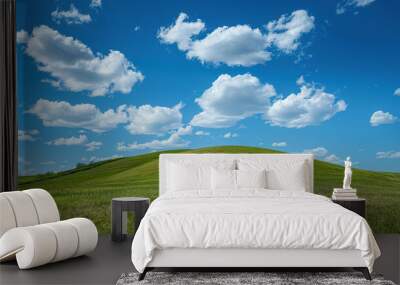 Green field and blue sky with clouds Wall mural