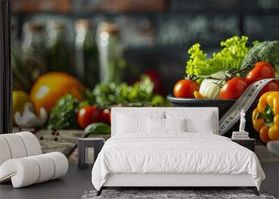 Healthy vegetables with clothes meter on table. Diet resolution concept. Wall mural