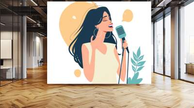 Illustration of women talk in the microphone, isolated on white background. Woman sing vector illustration. Wall mural