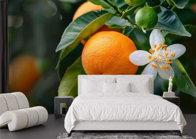 Orange tree with fruits, orange blossom Wall mural