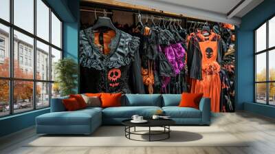 A vibrant display of adult Halloween costumes in a store, featuring a wide variety of themes from classic horror to modern favorites Wall mural