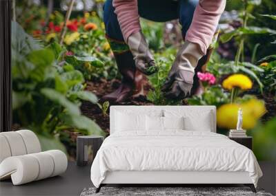 An active adult gardening in the backyard, planting flowers and vegetables while staying active Wall mural