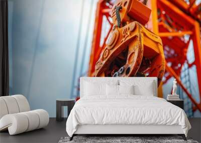 Close-up of a tower crane's hook lifting a heavy load Wall mural