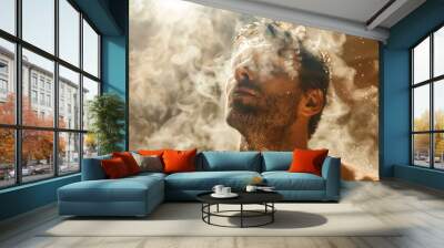 Intense man in a steam room, experiencing the heat of a sauna bath Wall mural