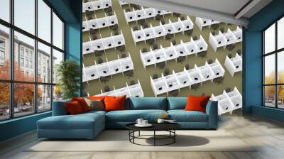 3D illustration of workplaces with partitions in the office. Isolated places in the office. Lot of workplaces with partitions, personal space. Personal chairs, laptops, white poles. 3D graphics Wall mural