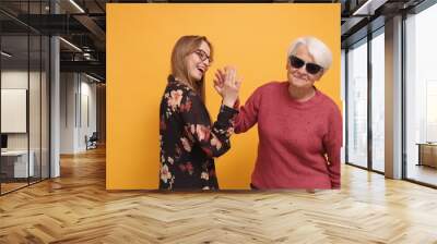 Trendy cool granny and young woman doing high five. Studio shot. High quality photo Wall mural