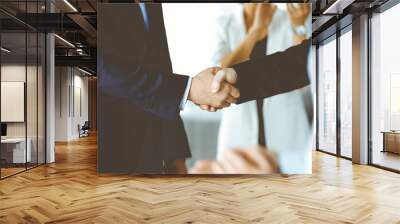 Unknown businesspeople are shaking their hands after signing a contract at meeting, close-up. Business communication concept Wall mural