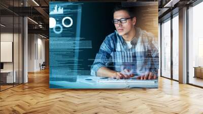 Male it computer worker working on a future hologram cgi screen at his office desk. Tech designer using technology to test new, abstract and innovation data. Web developer work on a digital code Wall mural