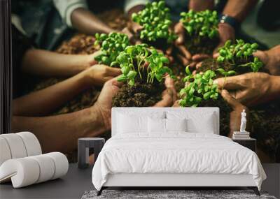 A diverse group of sustainable people holding plants in an eco friendly environment for nature conservation. Closeup of hands planting in fertile soil for sustainability and organic farming Wall mural