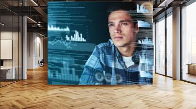 A young, futuristic and professional male computer programmer working on a new source code. A smart and intelligent man busy coding while looking at digital and virtual data or software Wall mural