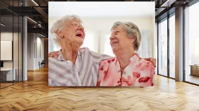 One of lifes greatest pleasures, a good old friend. Shot of two happy elderly women embracing each other at home. Wall mural