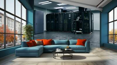 Server room, empty or data center for internet connection, computing network or cyber security hardware. IT support background, information technology or machine equipment with laptop in a datacenter Wall mural