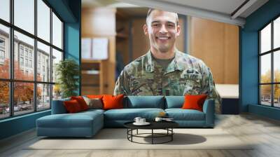 Theres confident and then theres military confident. Shot of a young soldier standing in the dorms of a military academy. Wall mural