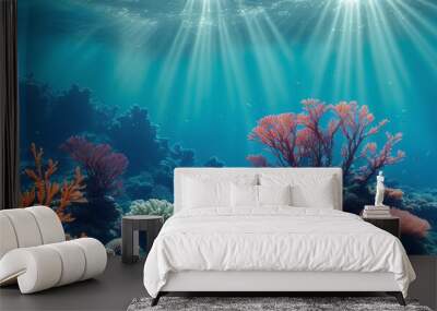 A Captivating Image Of A Coral Reef With Sunbeams Wall mural