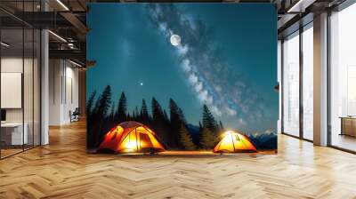 An Interesting View Of A Couple Of Tents In The Woods Wall mural