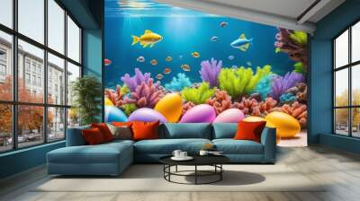 Close Up of Aquarium of FIsh with Colorful Easter Eggs AI Generative Wall mural