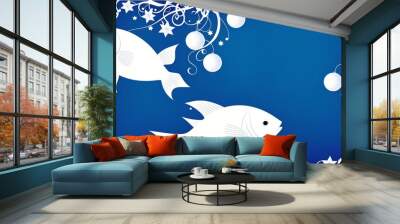 Two Fish On A Blue Background With White Swirls And Stars Wall mural