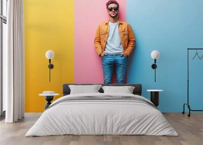 Stylish Young Hipster Man Posing Near Colorful Wall Wall mural