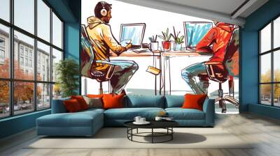 Two Office Workers at the Desk Hand-drawn Vector Illustration Wall mural