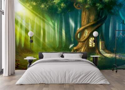 digitally painted magic forest with tree house Wall mural