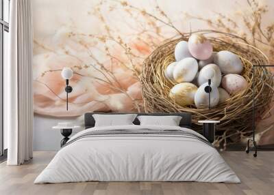 Beautiful nest with pastel and gold decor. Elegant Easter background. Generative AI Wall mural