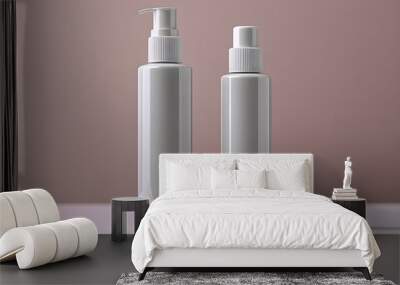 Mock up of two white skincare bottles with simple designs, placed on a clean surface against a plain background Wall mural