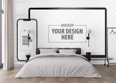 Laptop Computer and Mobile Phone Mockup. Digital devices screen template vector illustration with transparent background. Wall mural