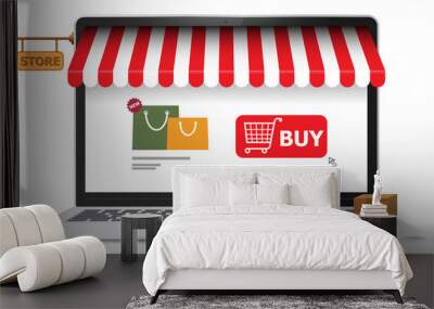 Online Shopping Store on Laptop Computer Screen. E-Commerce and Digital Marketing Concept Vector Illustration.  Wall mural