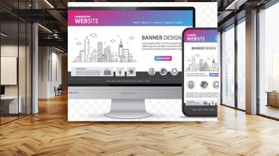 Responsive Website Design With Desktop Computer and Mobile Phone Screen Vector Illustration. Digital devices on transparent background. Wall mural