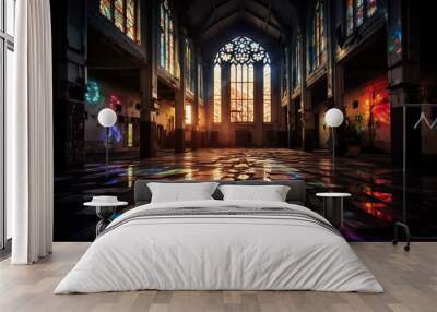 A catholic church with stained glass windows. A light shining through the window panes on the floor and the walls. The wall, ceiling, and floor are shining brightly and reflecting rays. Generative AI Wall mural