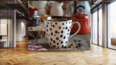 Close-up view of a coffee mug on a wooden table in the cafe. Concept of refreshment and relaxation. AI generated Wall mural