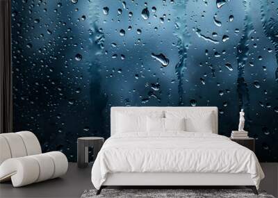 water drops in window glass. Rain on the window. Dark blue wet transparent glass of window. AI generated Wall mural