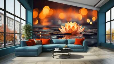 Zen lotus flower floating on water with candlelight. Concept of  Vesak Day, mindfulness.  generative ai Wall mural