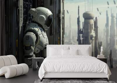 futuristic looking man in a futuristic city with a futuristic city in the background Wall mural