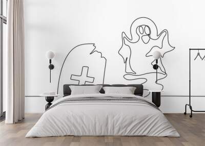 Continuous lineart landing page ghost for Happy Halloween day celebration vector illustration Wall mural