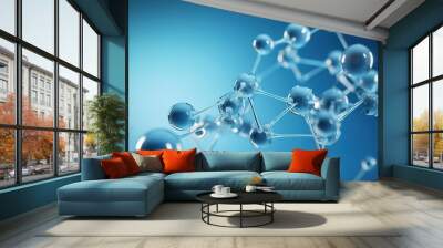 Silver molecule atoms structures on blue background. Glass molecule model. Abstract Atom molecule structure Wall mural