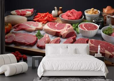 Slices of beef on a fresh red table, processed grilled meat and so there is empty space for text, greetings, wallpaper, posters, advertisements, etc. Wall mural