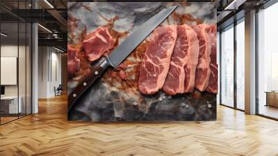 Slices of beef on a fresh red table, processed grilled meat and so there is empty space for text, greetings, wallpaper, posters, advertisements, etc. Wall mural