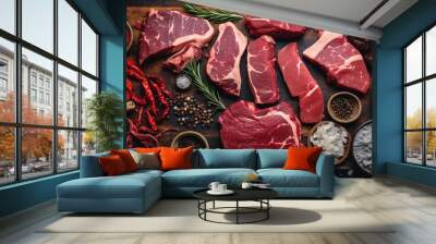 Slices of beef on a fresh red table, processed grilled meat and so there is empty space for text, greetings, wallpaper, posters, advertisements, etc. Wall mural